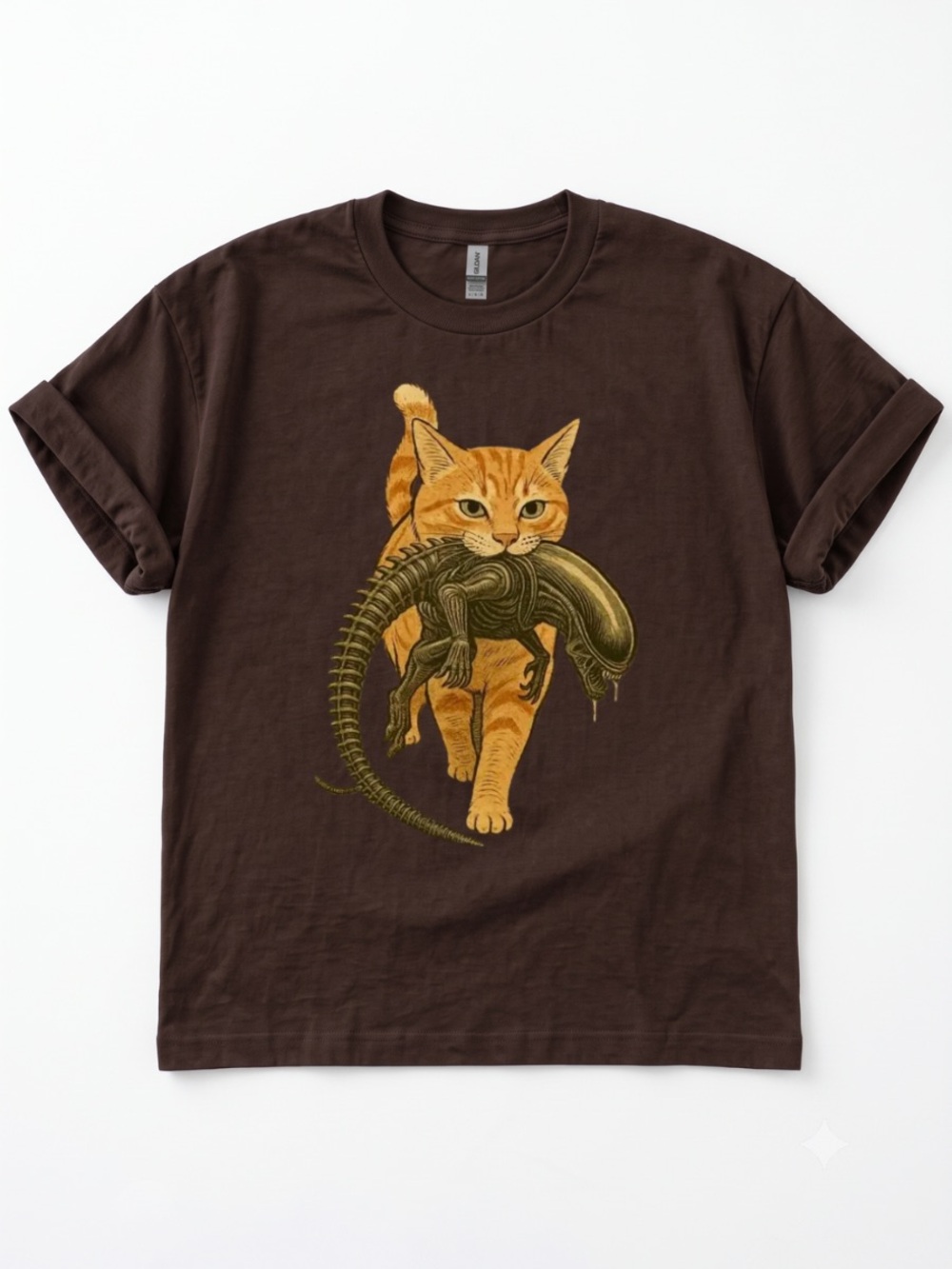 Cat Carrying Alien T-Shirt, Xenomorph Cat Graphic Tee, Gildan Brown Tee